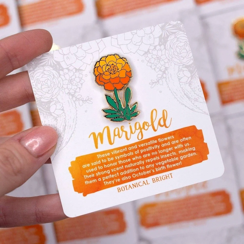 Marigold Enamel Pin - October Birth Flower - Gold Plated Nature & Floral Jewelry